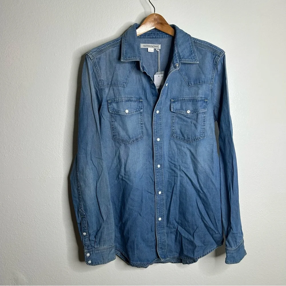 NWT Outerknown 100% Organic Cotton Denim Pearl Snap Button Down Long Shirt - Picture 10 of 16